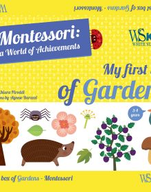 Autumn tree, hedgehog, mushroom, bird, on cover of 'My First Box of Gardens, Montessori: A World of Achievements', by White Star.