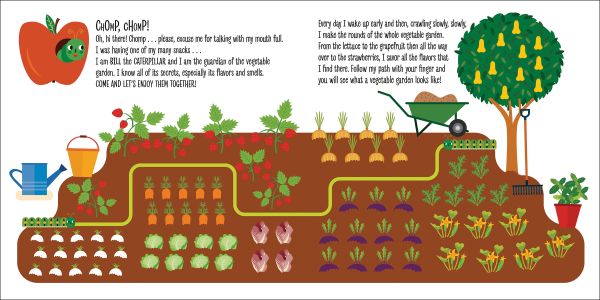 Book cover of My First Book of the Vegetable Garden, Montessori: A World of Achievements, with a selection of fruit and vegetables: apple, strawberry, carrot and onion. Published by White Star.