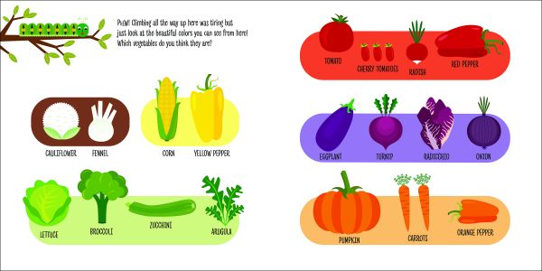 Book cover of My First Book of the Vegetable Garden, Montessori: A World of Achievements, with a selection of fruit and vegetables: apple, strawberry, carrot and onion. Published by White Star.