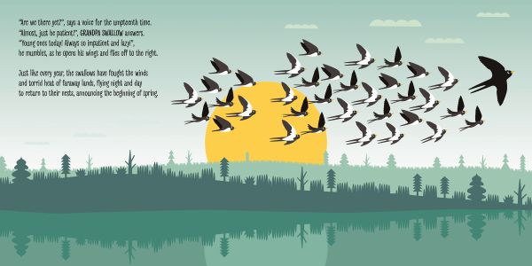 Book cover of The Birth of a Swallow, Montessori: A World of Achievements, with three black wild birds peeking out of nest. Published by White Star.