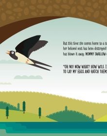 Book cover of The Birth of a Swallow, Montessori: A World of Achievements, with three black wild birds peeking out of nest. Published by White Star.
