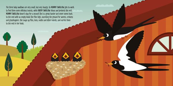 Book cover of The Birth of a Swallow, Montessori: A World of Achievements, with three black wild birds peeking out of nest. Published by White Star.