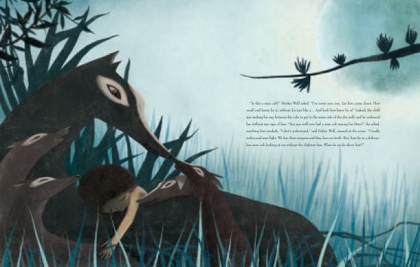 Book cover of The Jungle Book, Based on the Masterpiece by Rudyard Kipling, with Mowgli leaning on a two black wolves. Published by White Star.