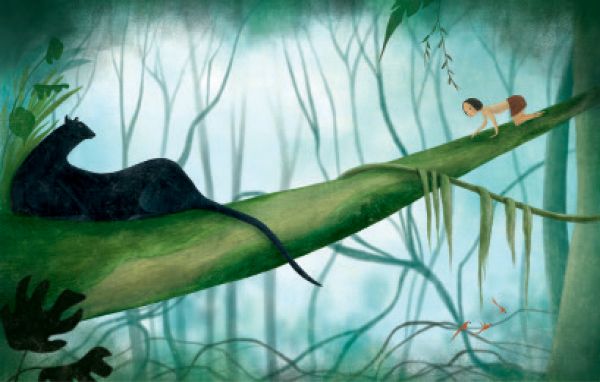 Book cover of The Jungle Book, Based on the Masterpiece by Rudyard Kipling, with Mowgli leaning on a two black wolves. Published by White Star.