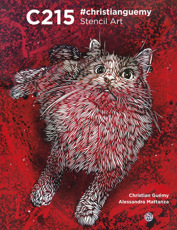 Book cover of C215: #christianguemy Stencil Art, with a stenciled image of cat looking up. Published by White Star.
