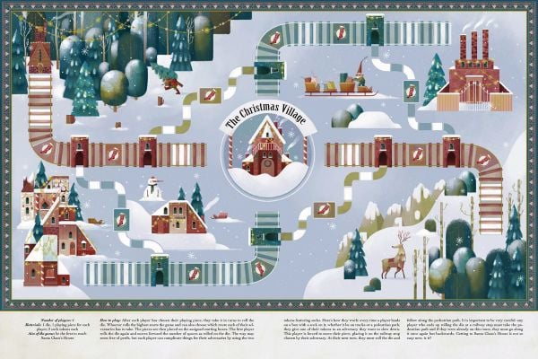 Book cover of The Big Book of Christmas Games, The Greatest Boardgames to Experience Together on the Most Magical Night of the Year, with snow-covered houses with Santa above. Published by White Star.