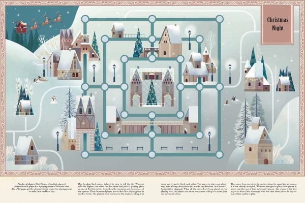 Book cover of The Big Book of Christmas Games, The Greatest Boardgames to Experience Together on the Most Magical Night of the Year, with snow-covered houses with Santa above. Published by White Star.