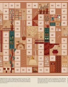 Book cover of The Big Book of Christmas Games, The Greatest Boardgames to Experience Together on the Most Magical Night of the Year, with snow-covered houses with Santa above. Published by White Star.