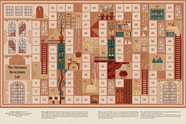 Book cover of The Big Book of Christmas Games, The Greatest Boardgames to Experience Together on the Most Magical Night of the Year, with snow-covered houses with Santa above. Published by White Star.