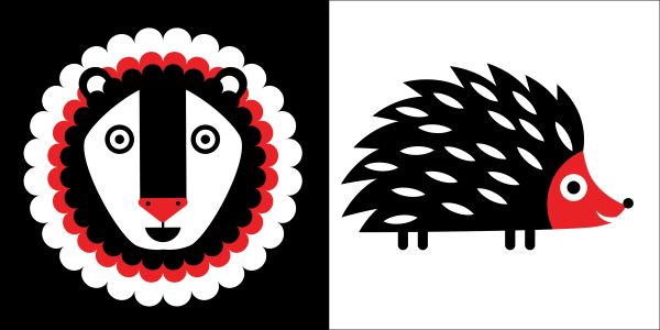 Book cover of Animals, Baby Montessori', with a black bird, rabbit and fish. Published by White Star.