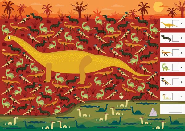 Book cover of Dinoland, Search, Find, Count! A Prehistoric Counting Book, with dinosaurs. Published by White Star.