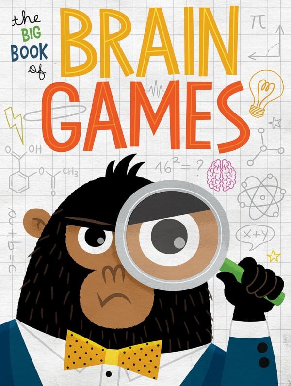 Book cover of The Big Book of Brain Games, Ingenious Board Games to Improve Your Mind, with a gorilla wearing a suit and yellow bowtie, holding magnifying glass to left eye. Published by White Star.