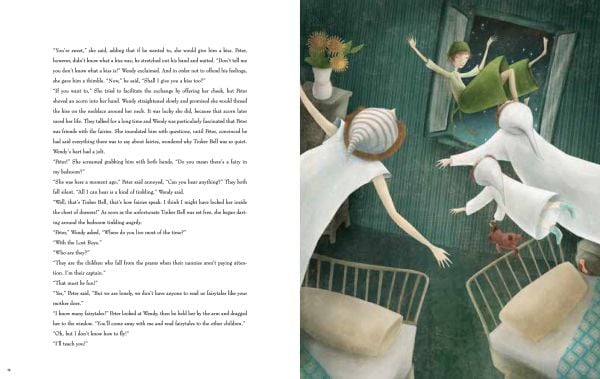 Book cover of Peter Pan, Based on the Masterpiece by J.M. Barrie, with Tinkerbell resting hands on young boy. Published by White Star.