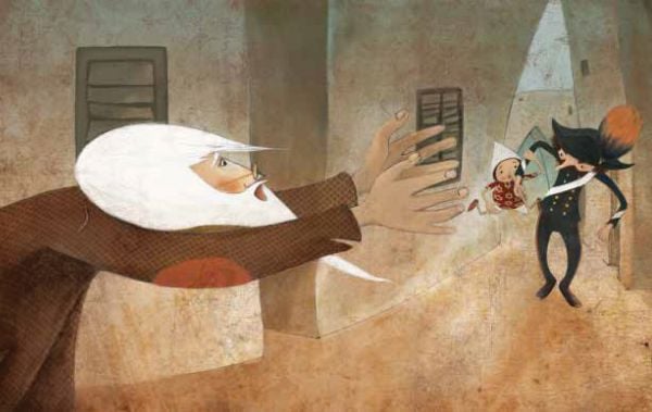 Book cover of Pinocchio, Based on the Masterpiece by Carlo Collodi, with a boy with a thin nose in red floral shirt. Published by White Star.