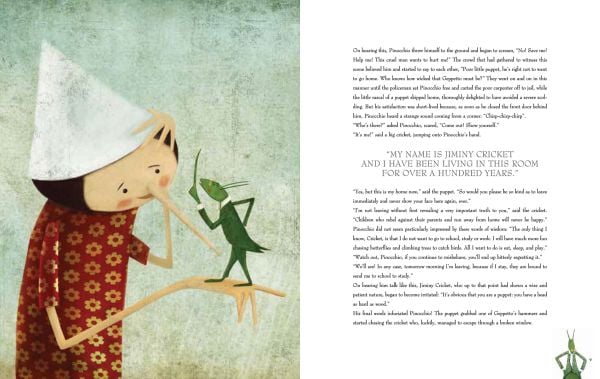 Book cover of Pinocchio, Based on the Masterpiece by Carlo Collodi, with a boy with a thin nose in red floral shirt. Published by White Star.