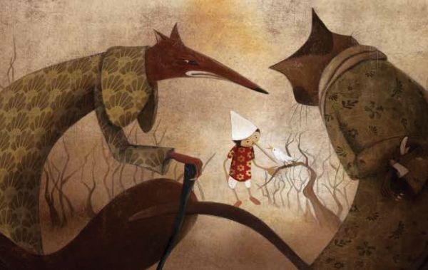 Book cover of Pinocchio, Based on the Masterpiece by Carlo Collodi, with a boy with a thin nose in red floral shirt. Published by White Star.