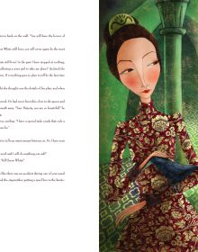 Book cover of Snow White, Based on the Masterpiece by The Brothers Grimm', with a young girl in floral pink dress, and black spooky tree branches to left. Published by White Star.