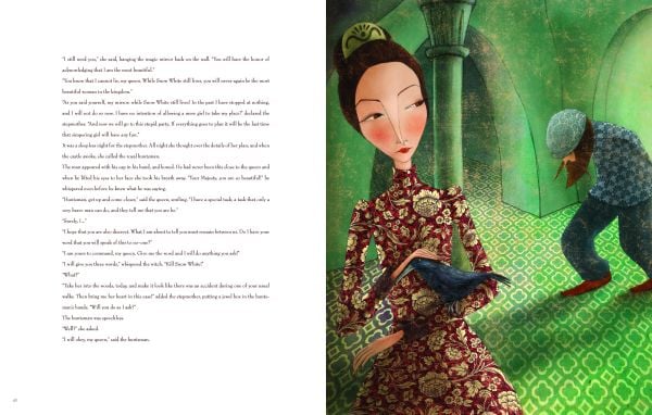 Book cover of Snow White, Based on the Masterpiece by The Brothers Grimm', with a young girl in floral pink dress, and black spooky tree branches to left. Published by White Star.