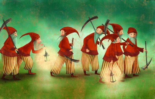 Book cover of Snow White, Based on the Masterpiece by The Brothers Grimm', with a young girl in floral pink dress, and black spooky tree branches to left. Published by White Star.