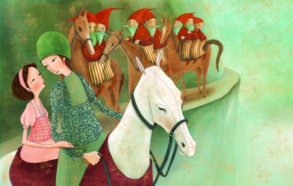 Book cover of Snow White, Based on the Masterpiece by The Brothers Grimm', with a young girl in floral pink dress, and black spooky tree branches to left. Published by White Star.