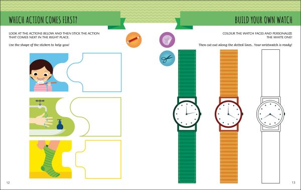 Book cover of My First Book About Telling Time: Montessori Activity Book, with an alarm clock, a wristwatch, and 4 plant pots. Published by White Star.