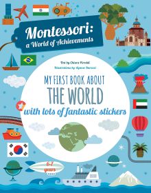 Book cover of My First Book About the World, Montessori Activity Book, with planet earth surrounded by clouds, hot air balloons, planes, and South Korean flag. Published by White Star.