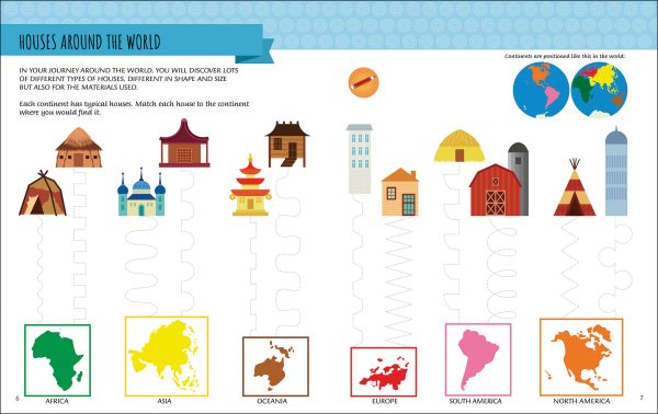 Book cover of My First Book About the World, Montessori Activity Book, with planet earth surrounded by clouds, hot air balloons, planes, and South Korean flag. Published by White Star.
