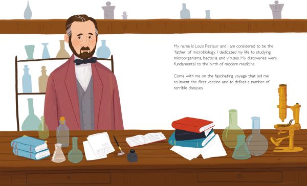 Book cover of Louis Pasteur from the Genius series, with a man in navy suit holding test tube and glass flask. Published by White Star.