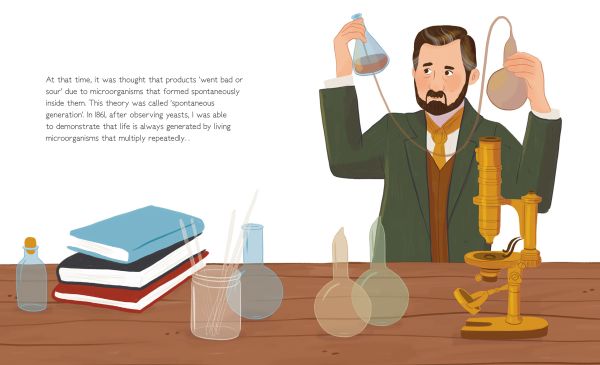 Book cover of Louis Pasteur from the Genius series, with a man in navy suit holding test tube and glass flask. Published by White Star.