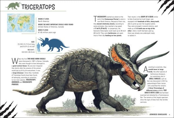 Book cover of Armored Dinosaurs with an Eotriceratops with three horns, roaming through the jungle. Published by White Star.