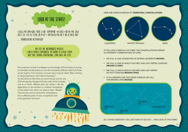 Book cover of Make Space for Geometry, Mad for Math, with a green Alien in rocket flying across moon surrounded by numbers. Published by White Star.