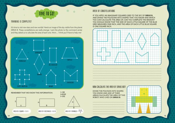 Book cover of Make Space for Geometry, Mad for Math, with a green Alien in rocket flying across moon surrounded by numbers. Published by White Star.