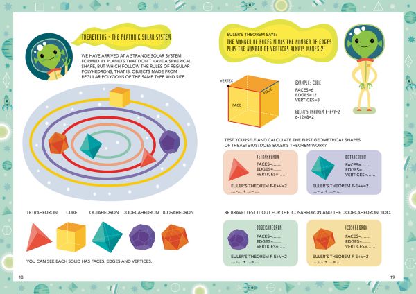Book cover of Make Space for Geometry, Mad for Math, with a green Alien in rocket flying across moon surrounded by numbers. Published by White Star.