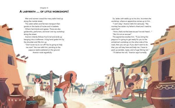 Book cover of A Day in Ancient Egypt, Avery Everywhere, with a young boy and Egyptian scribe with books and scrolls, standing between pillars covered in hieroglyphics. Published by White Star.