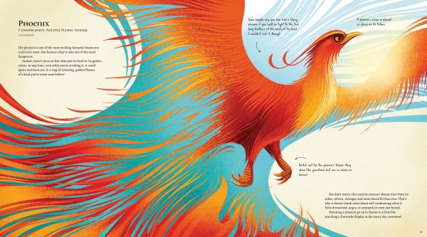 Book cover of The Great Book of Fantastic Creatures, with a white unicorn and orange phoenix. Published by White Star.