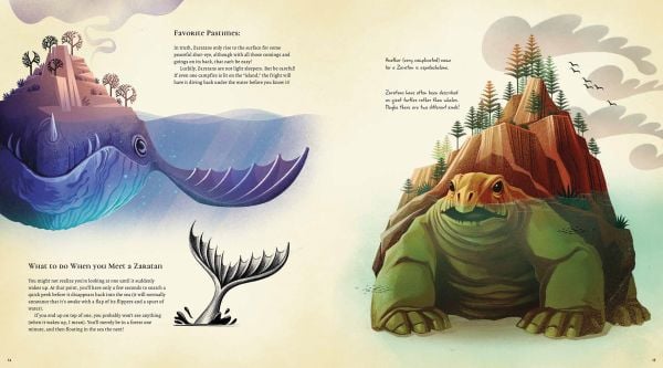 Book cover of The Great Book of the Fantastic Creatures of Atlantis, with a large purple octopus and green dragon with pink fins swimming under the sea. Published by White Star.