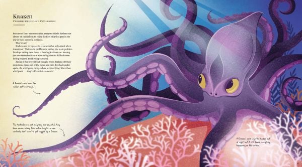 Book cover of The Great Book of the Fantastic Creatures of Atlantis, with a large purple octopus and green dragon with pink fins swimming under the sea. Published by White Star.