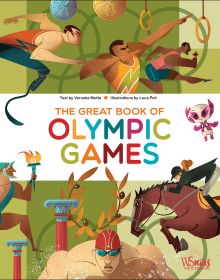 Athletes: one with prosthetic leg, one on horse, one swimming, on cover of 'The Great Book of Olympic Games', by White Star.