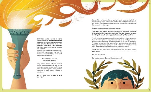 Athletes: one with prosthetic leg, one on horse, one swimming, on cover of 'The Great Book of Olympic Games', by White Star.