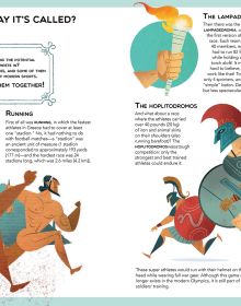 Athletes: one with prosthetic leg, one on horse, one swimming, on cover of 'The Great Book of Olympic Games', by White Star.