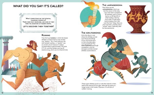 Athletes: one with prosthetic leg, one on horse, one swimming, on cover of 'The Great Book of Olympic Games', by White Star.