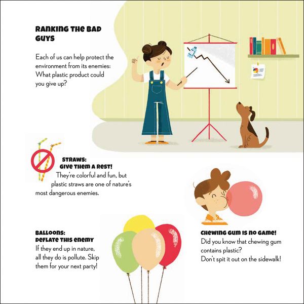 Book cover of Save the Planet! Plastic, with two children and brown dog leaning against a large orange liquid bottle. Published by White Star.