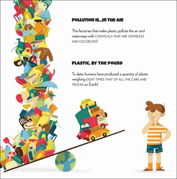 Book cover of Save the Planet! Plastic, with two children and brown dog leaning against a large orange liquid bottle. Published by White Star.