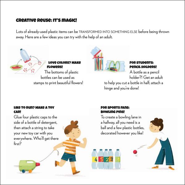 Book cover of Save the Planet! Plastic, with two children and brown dog leaning against a large orange liquid bottle. Published by White Star.