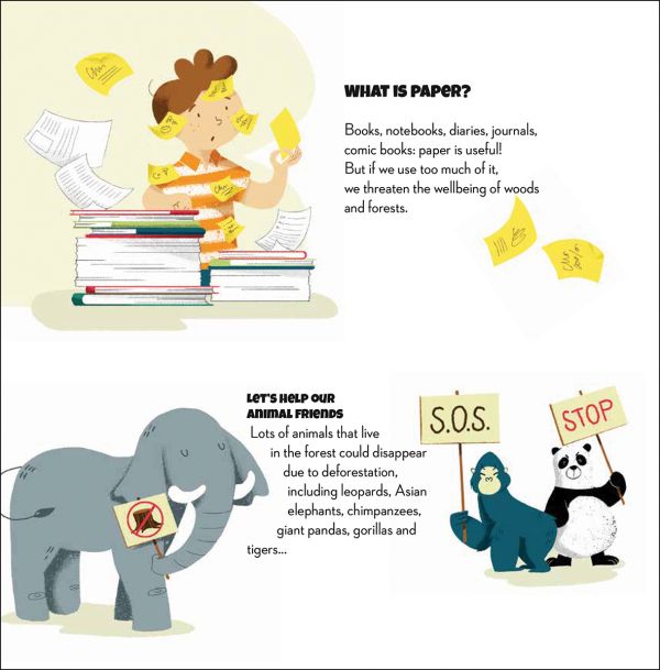 Book cover of Save the Planet! Paper, from Turn the Wheel series, with two children and a brown dog flipping large white pages of a notepad. Published by White Star.