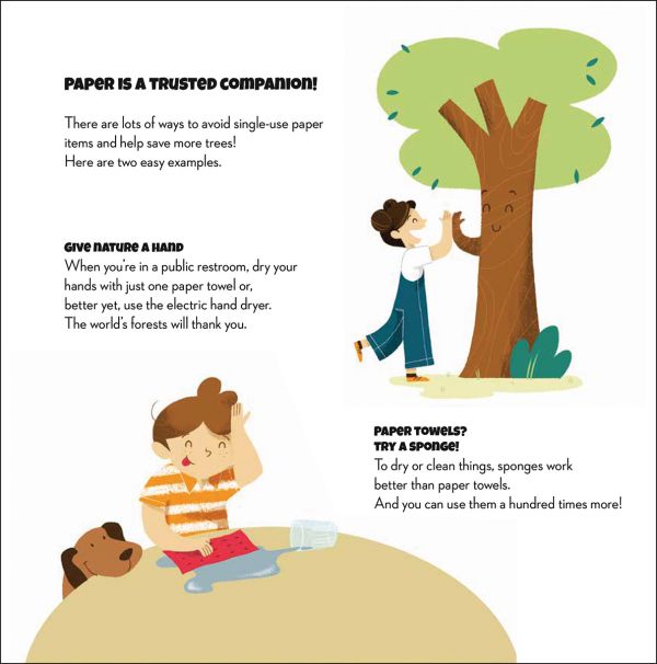 Book cover of Save the Planet! Paper, from Turn the Wheel series, with two children and a brown dog flipping large white pages of a notepad. Published by White Star.