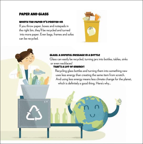 Book cover of Save the Planet! Recycling' from 'Turn the Wheel' series, with two children and a brown dog each clinging into a green recycling arrow. Published by White Star.