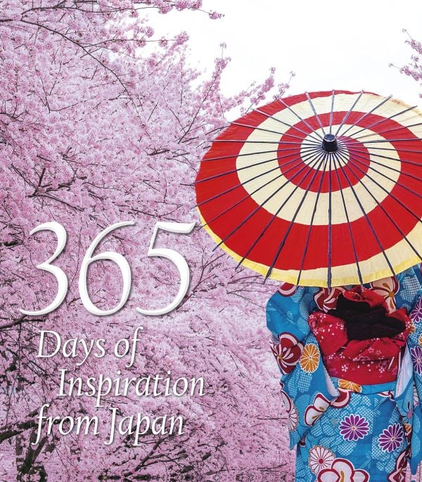 Book cover of 365 Days of Inspiration from Japan, with a figure in colourful kimono, holding wagasa (Japanese umbrella), on cover of '365 Days of Inspiration from Japan', by White Star.