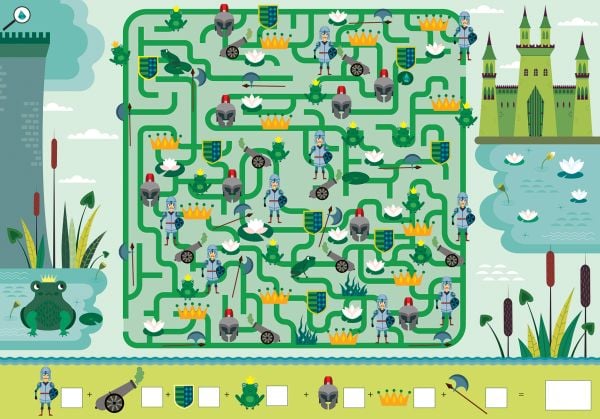 Book cover of Princesses and Dragons, Search, Find and Count!, with a castle surrounded by armoured knight on horse, princess in large dress, and green dragons. Published by White Star.