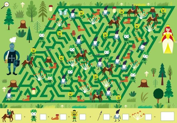 Book cover of Princesses and Dragons, Search, Find and Count!, with a castle surrounded by armoured knight on horse, princess in large dress, and green dragons. Published by White Star.